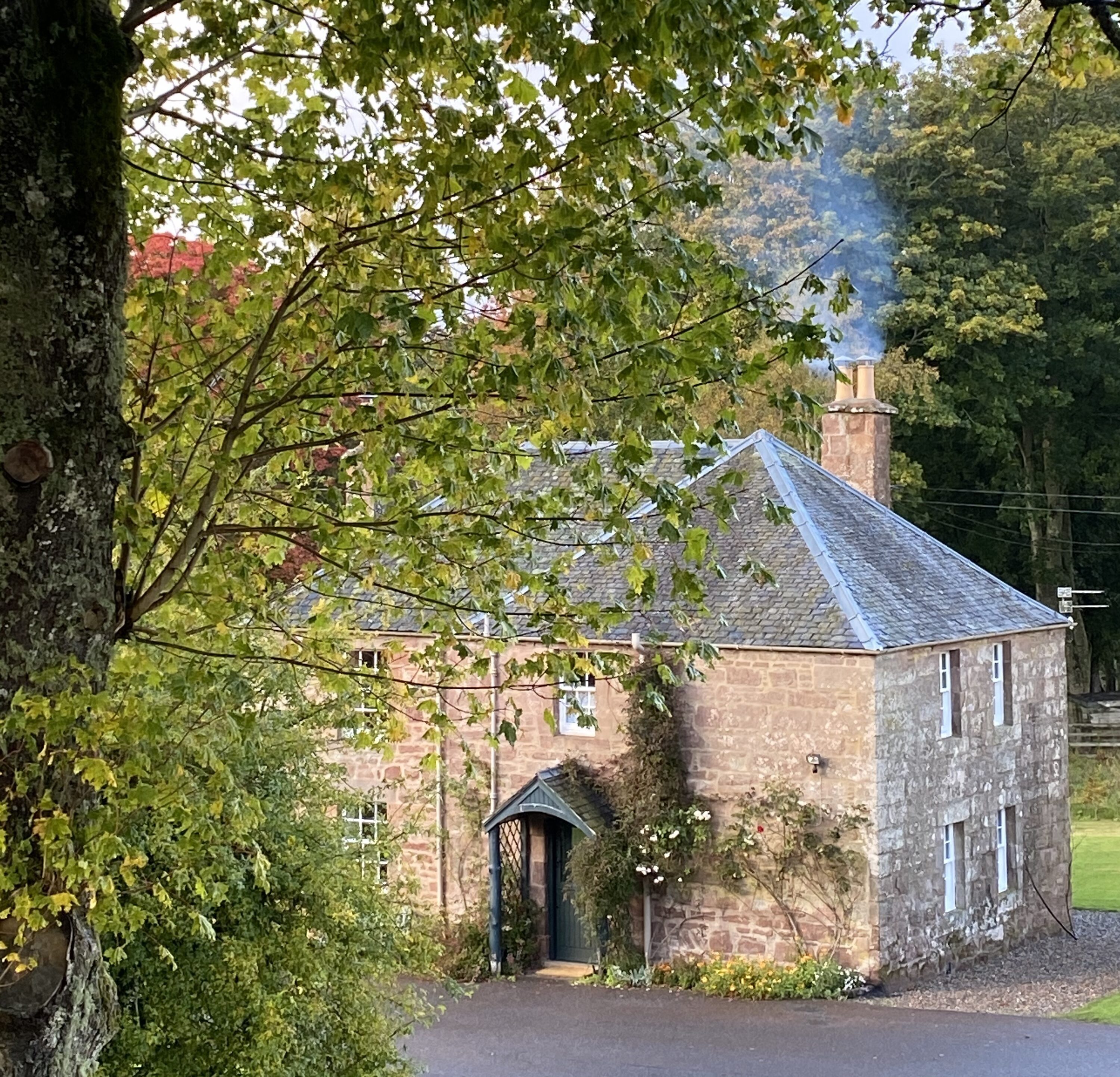 An exterior view of square cottage.